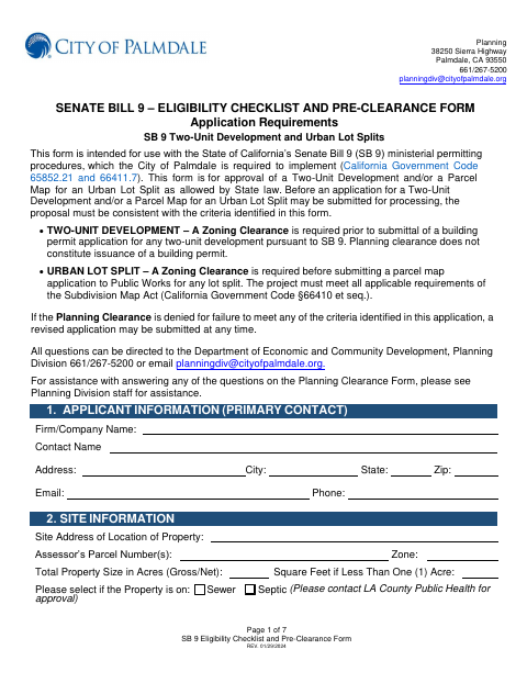 First page of the Senate Bill 9 Eligibility Checklist and Pre-Clearance Form