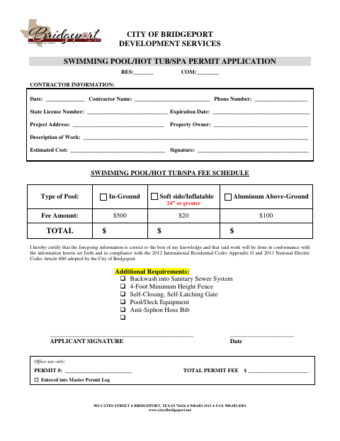 First page of the Swimming Pool / Hot Tub / Spa Permit Application