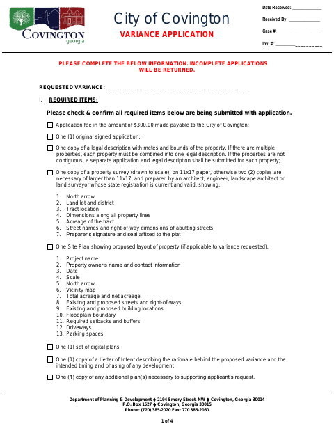 First page of the Variance Application