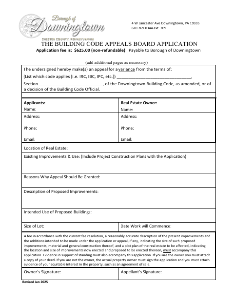 First page of the Building Code Appeals Board Application