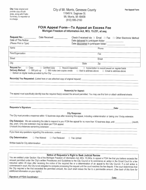 First page of the FOIA Excess Fee Appeal Form