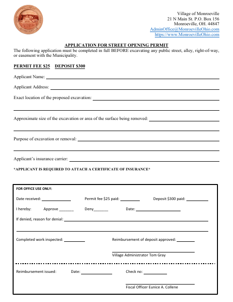 First page of the Application for Street Opening Permit
