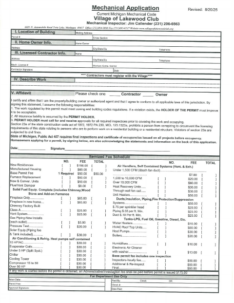 First page of the Mechanical Permit Application