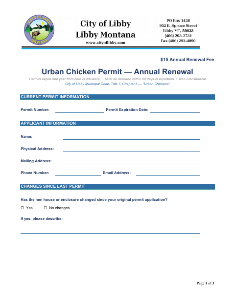 First page of the Urban Chicken Permit — Annual Renewal