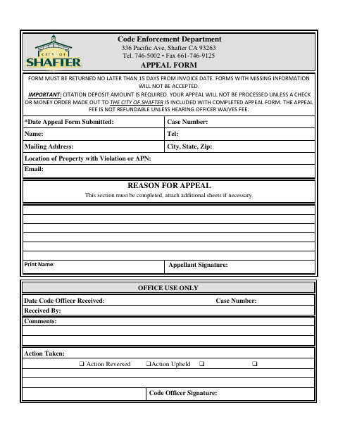 First page of the Code Enforcement Appeal Form