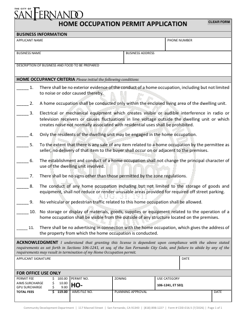 First page of the Home Occupation Permit Application