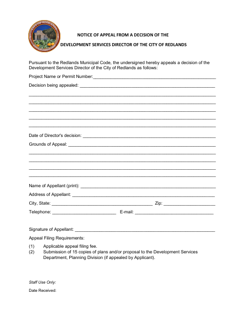 First page of the Notice of Appeal from a Decision of the Development Services Director