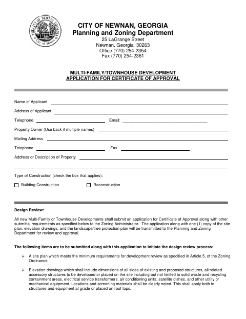 First page of the Multi-Family/Townhouse Development Application for Certificate of Approval