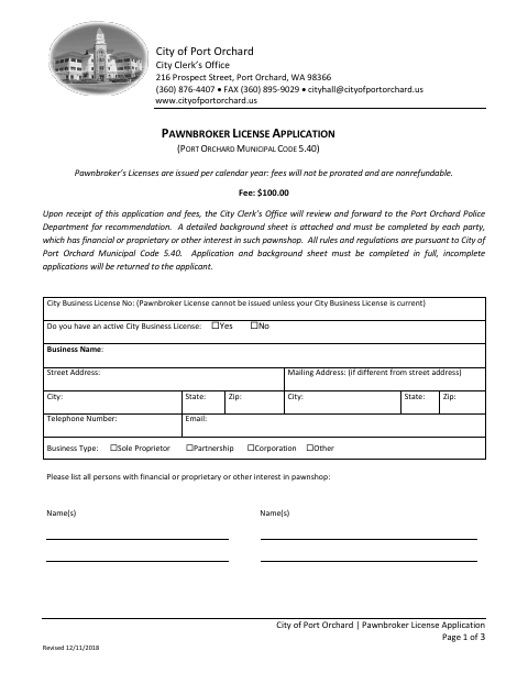 First page of the Pawnbroker License Application