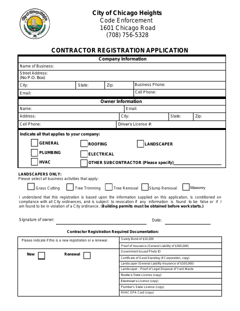 First page of the Contractor Registration Application