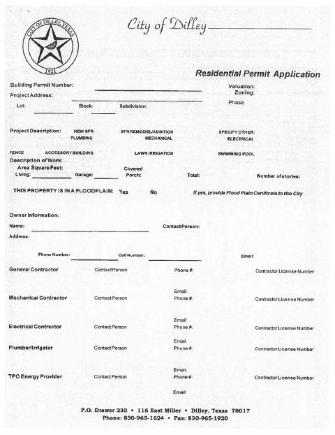 First page of the Residential Permit Application