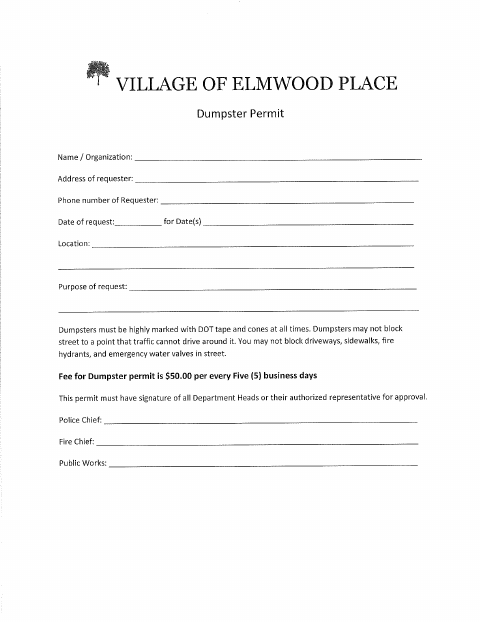 First page of the Dumpster Permit Application
