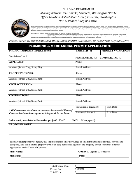 First page of the Plumbing & Mechanical Permit Application