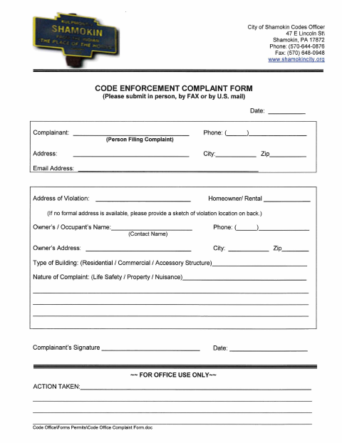 First page of the Code Enforcement Complaint Form
