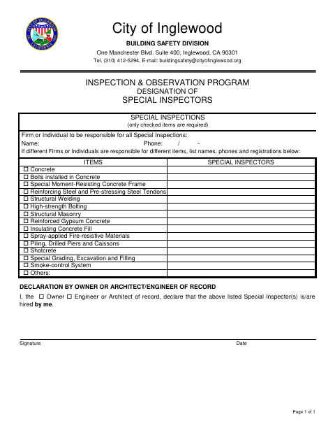 First page of the Designation of Special Inspectors