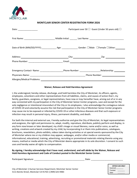First page of the Senior Center Registration Form 2026