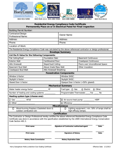 First page of the Residential Energy Compliance Code Certificate