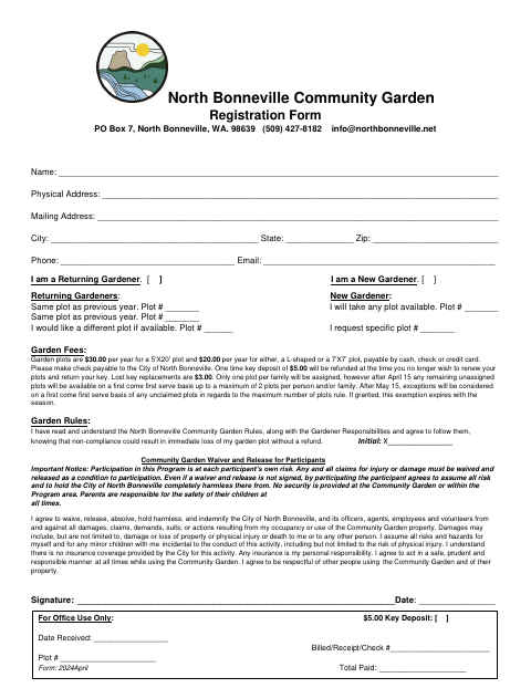 First page of the Community Garden Registration Form