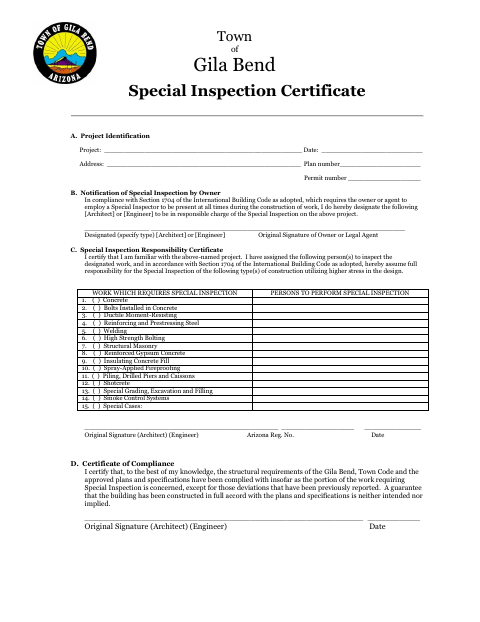 First page of the Special Inspection Certificate