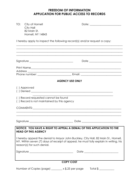 First page of the Freedom of Information Application for Public Access to Records