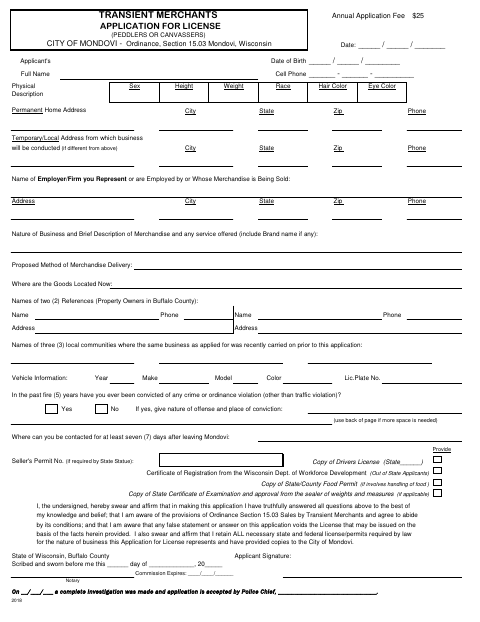 First page of the Transient Merchant License Application