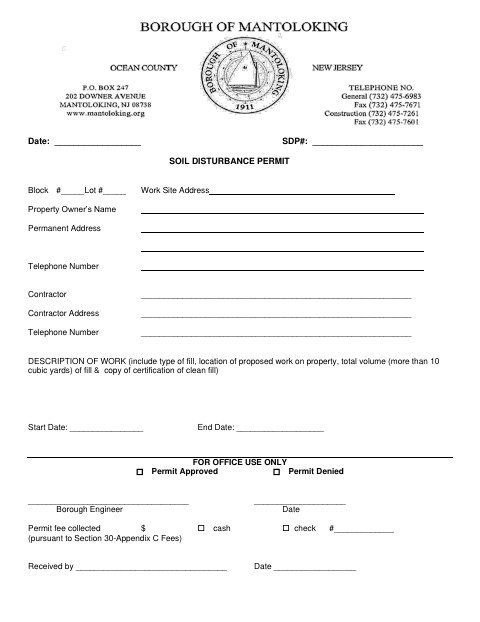 First page of the Soil Disturbance Permit
