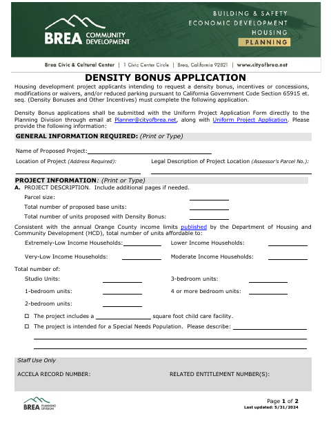 First page of the Density Bonus Application