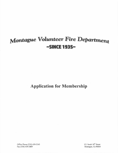 First page of the Volunteer Fire Department Membership Application