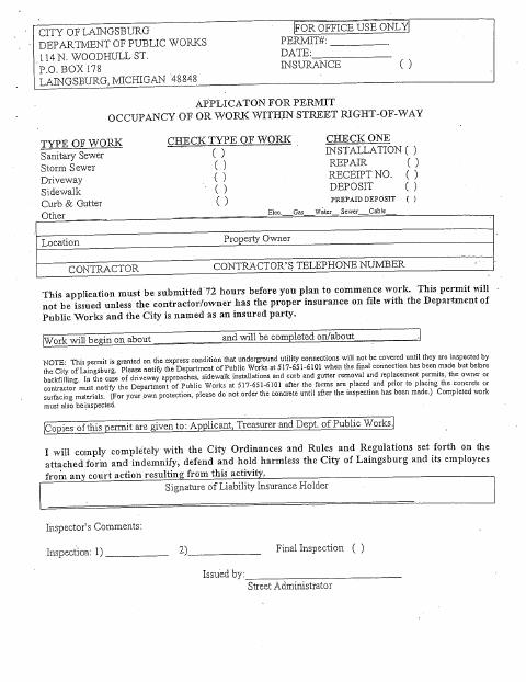 First page of the Application for Occupancy of or Work Within Street Right-of-Way