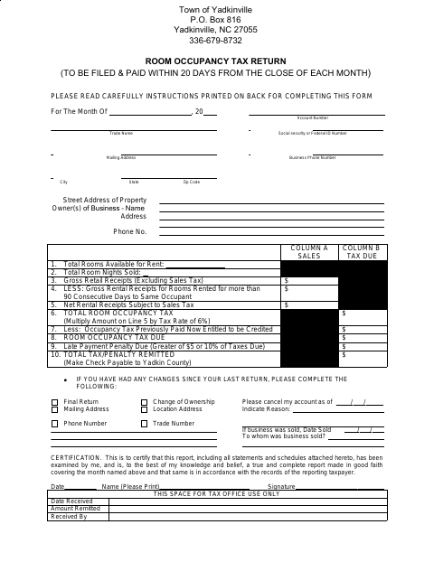 First page of the Room Occupancy Tax Return
