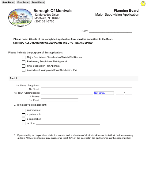 First page of the Major Subdivision Application