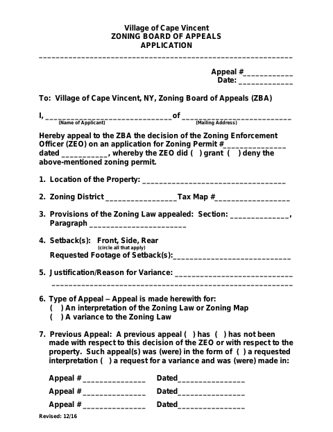 First page of the Zoning Board of Appeals Application