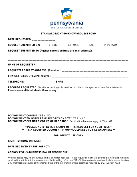 First page of the Standard Right-to-Know Request Form