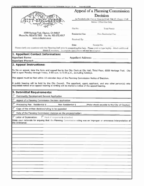 First page of the Appeal of a Planning Commission Decision