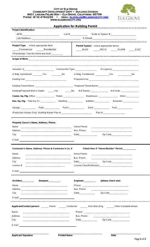 First page of the Application for Building Permit