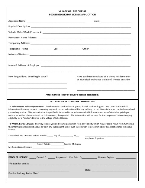 First page of the Peddler/Solicitor License Application