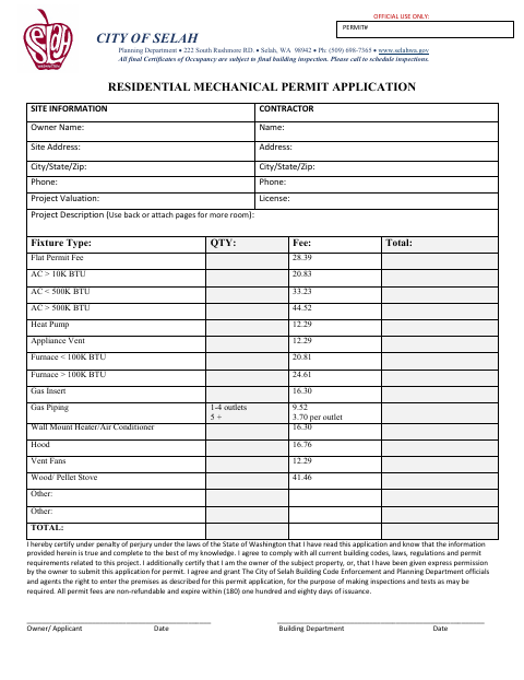 First page of the Residential Mechanical Permit Application