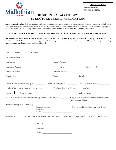 First page of the Residential Accessory Structure Permit Application