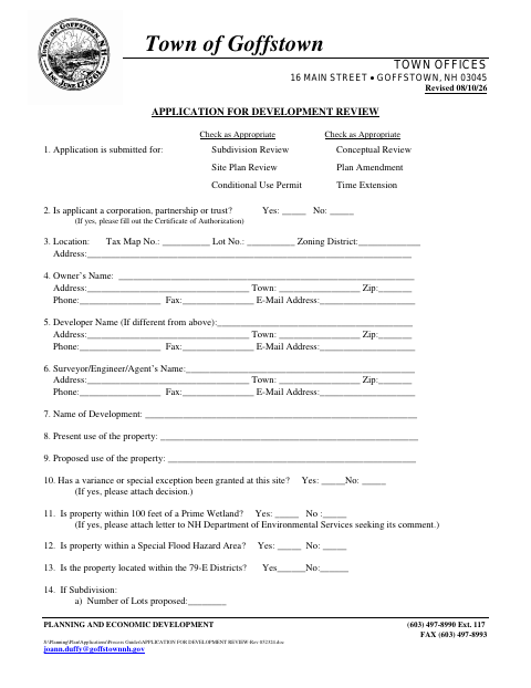 First page of the Application for Development Review