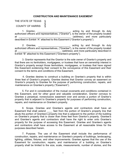 First page of the Construction and Maintenance Easement