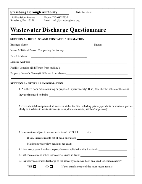 First page of the Wastewater Discharge Questionnaire
