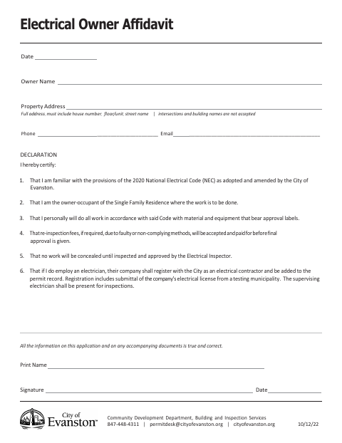 First page of the Electrical Owner Affidavit