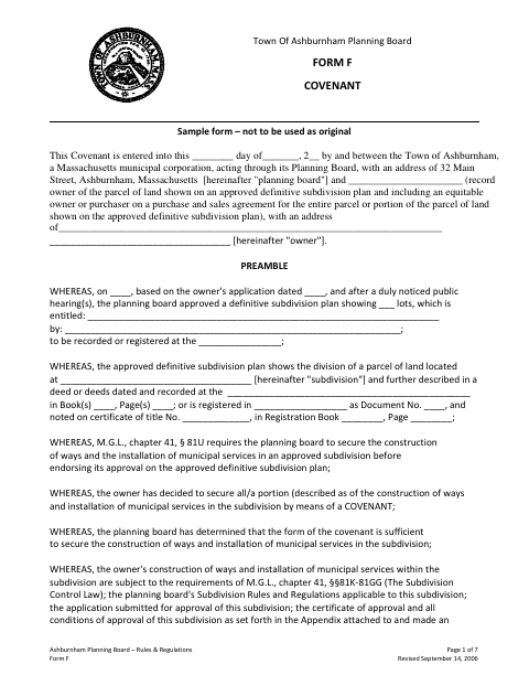 First page of the Form F Subdivision Covenant
