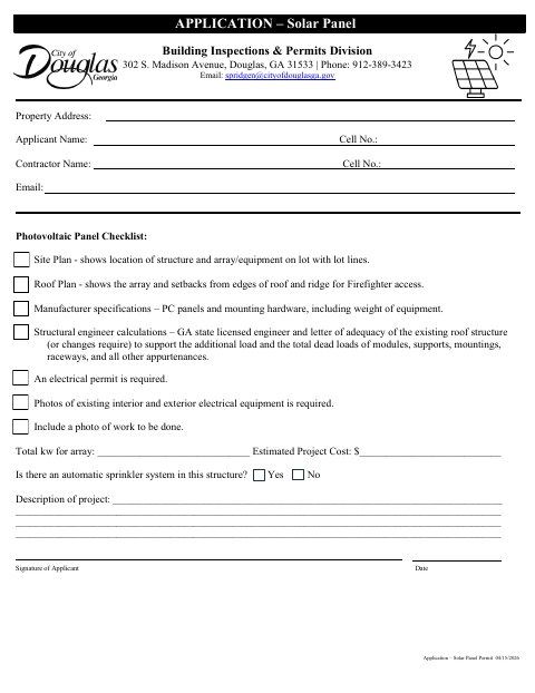 First page of the Solar Panel Permit Application