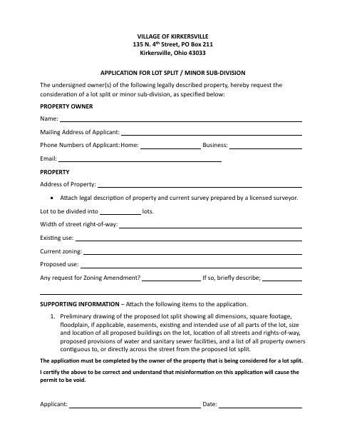 First page of the Application for Lot Split / Minor Subdivision