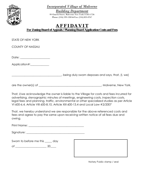 First page of the Zoning Board and Planning Board Costs and Fees Affidavit