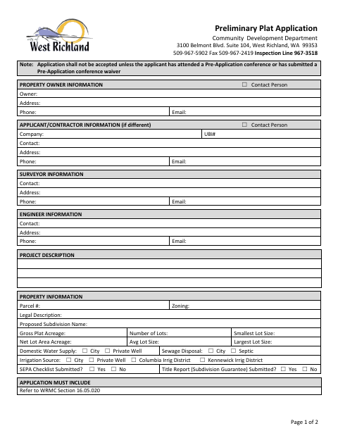 First page of the Preliminary Plat Application