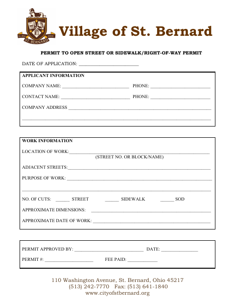 First page of the Permit to Open Street or Sidewalk/Right-of-Way Permit