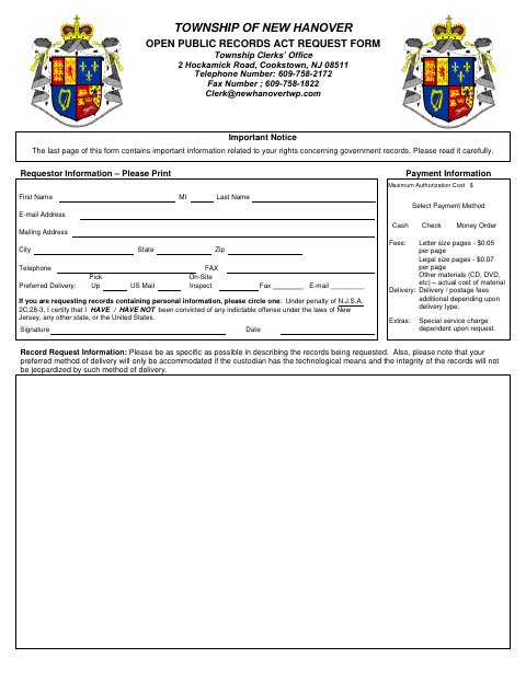 First page of the Open Public Records Act Request Form