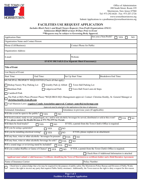 First page of the Facilities Use Request Application